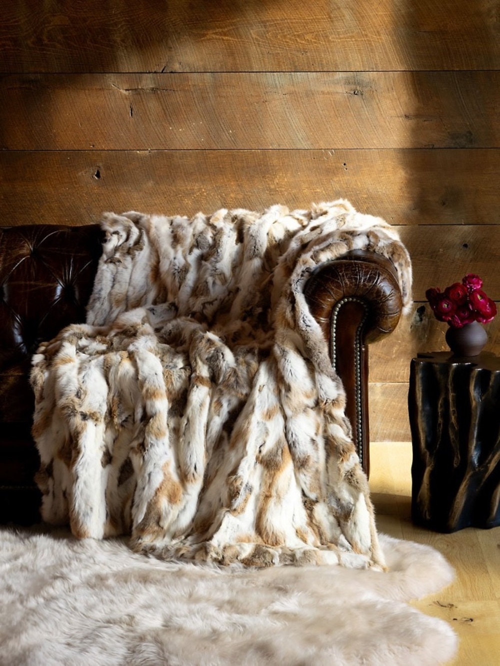 Natural Angola Fur Throw Blanket in Cream and Brown , 100% Rabbit Fur, 50”x60”